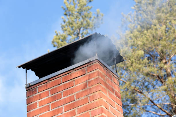 Smoke gets out of a chimney on a sunny day